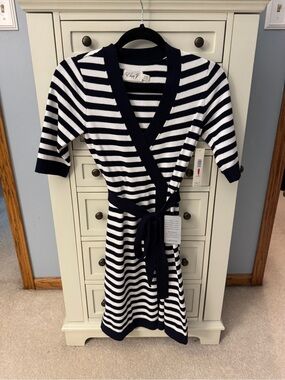 Eliza J Navy and White Striped Wrap Top